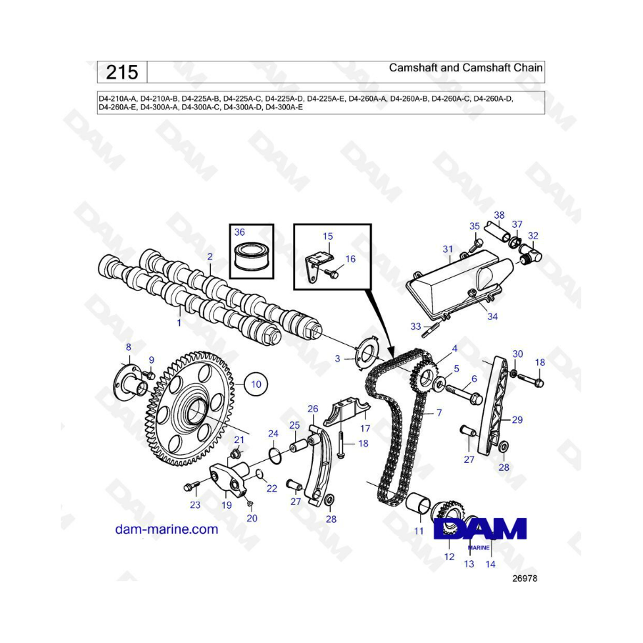Volvo Penta D4-210A / D4-225A / D4-260A / D4-300 - Árbol de levas y cadena del árbol de levas 