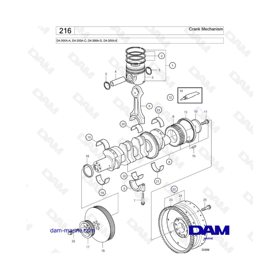 Mecanismo de manivela para Volvo Penta D4-300A-A / D4-300A-C / D4-300A-D / D4-300A-E