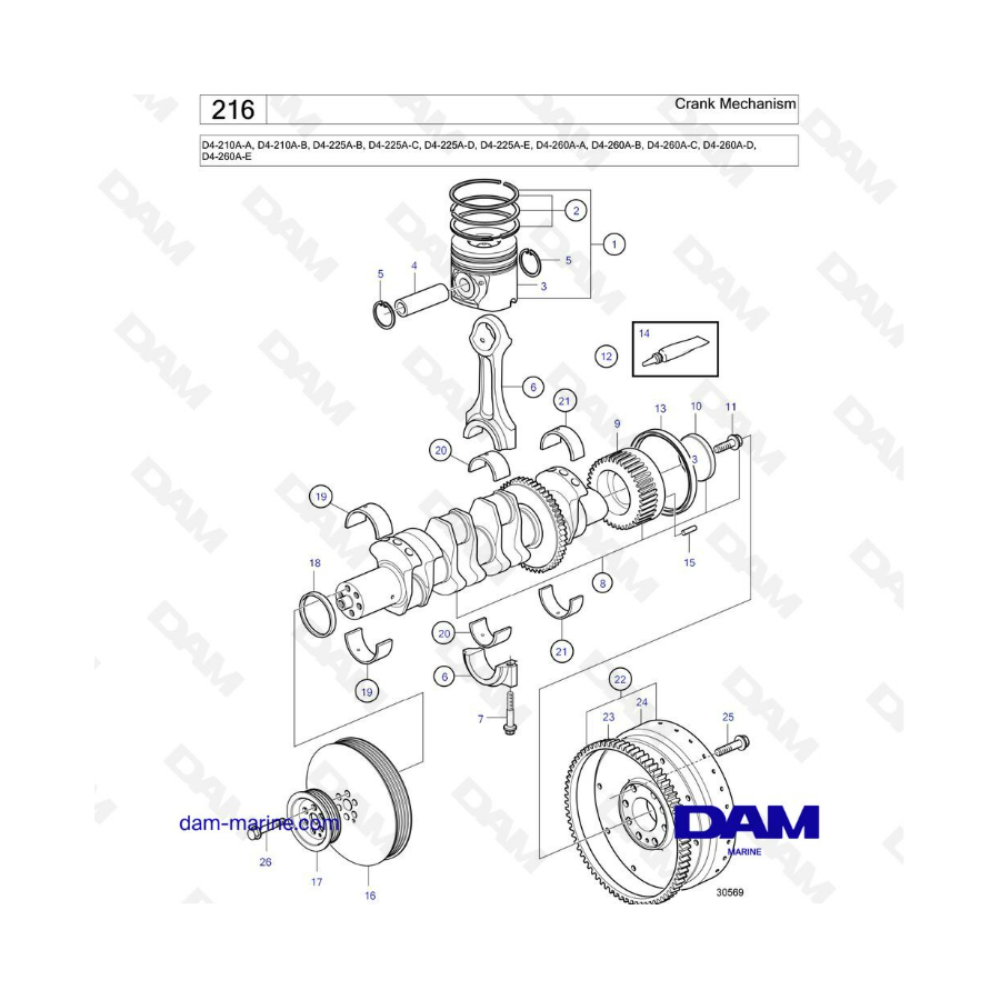 Mecanismo de manivela para Volvo Penta D4-210A / D4-225A / D4-260A 