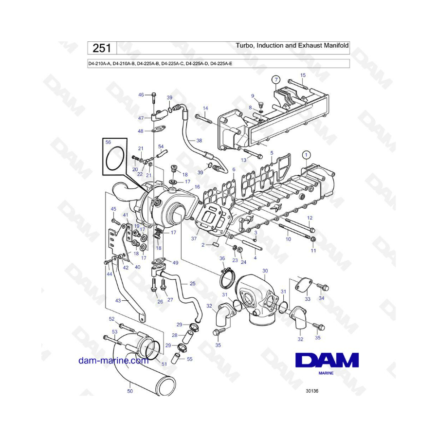Volvo Penta D4-210A / D4-225A - Colector turbo, admisión y escape