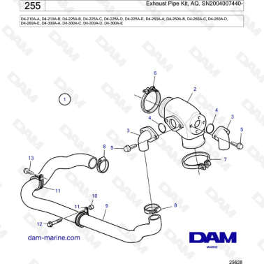 Volvo Penta D4-210A / D4-225A / D4-260A / D4-300A - Exhaust pipe kit, AQ