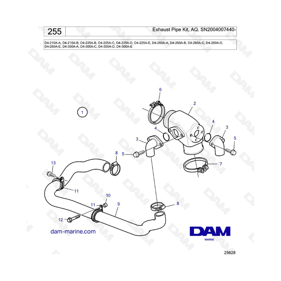Volvo Penta D4-210A / D4-225A / D4-260A / D4-300A - Kit de tubo de escape, AQ
