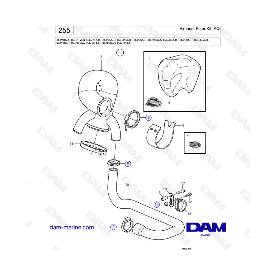 Volvo Penta D4-210A / D4-225A / D4-260A / D4-300A - Kit elevador de escape, AQ