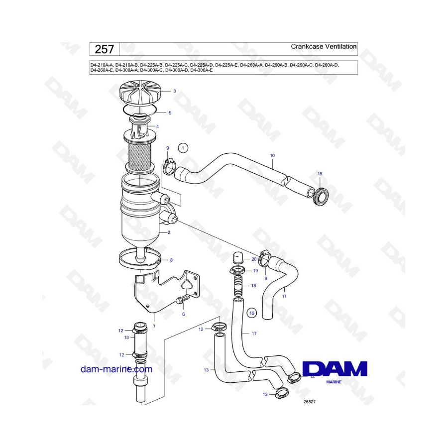 Volvo Penta D4-210A / D4-225A / D4-260A / D4-300A - Crankcase ventilation