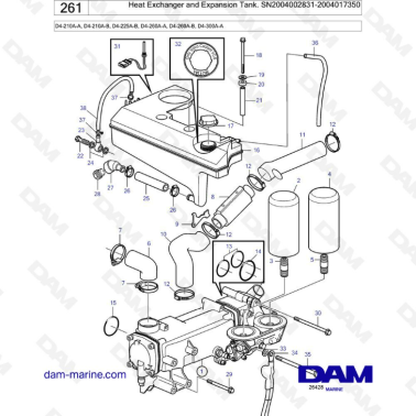 Volvo Penta D4-210A-A -B / D4-225A-B / D4-260A-A -B / D4-300A-A - Heat exchanger & expansion tank