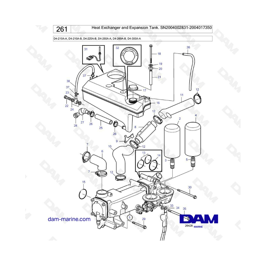 Volvo Penta D4-210A-A -B / D4-225A-B / D4-260A-A -B / D4-300A-A - Heat exchanger & expansion tank
