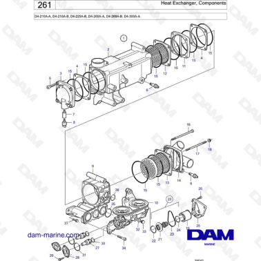 Volvo Penta D4-210A / D4-225A / D4-260A / D4-300A - Heat exchanger, components
