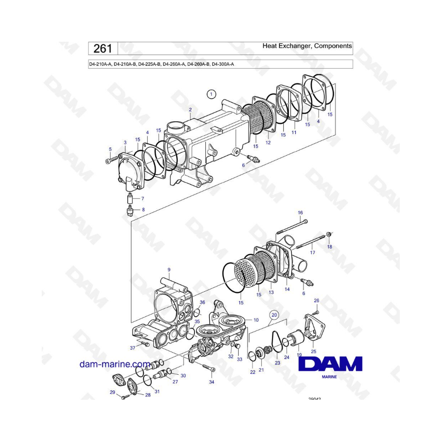 Volvo Penta D4-210A / D4-225A / D4-260A / D4-300A - Heat exchanger, components