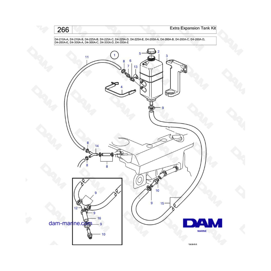 Volvo Penta D4-210A / D4-225A / D4-260A / D4-300A - Kit de depósito de expansión adicional