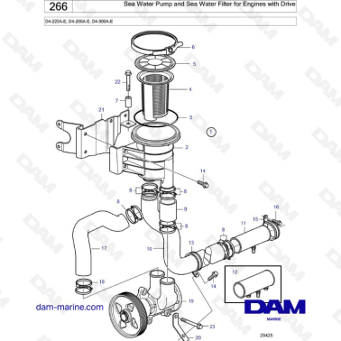 Volvo Penta D4-225A-E / D4-260A-E / D4-300A-E - Sea water pump & sea water filter for engines with drive