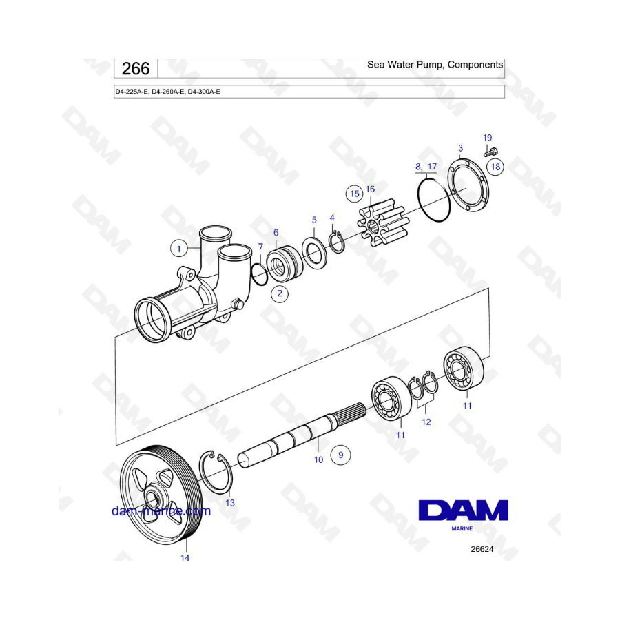 Volvo Penta D4-225A-E / D4-260A-E / D4-300A-E - Sea water pump components