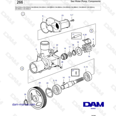 Volvo Penta D4-210A-A -B / D4-225A-B -C -D / D4-260A-A -B -C -D / D4-300A-A -C -D - Sea water pump, components
