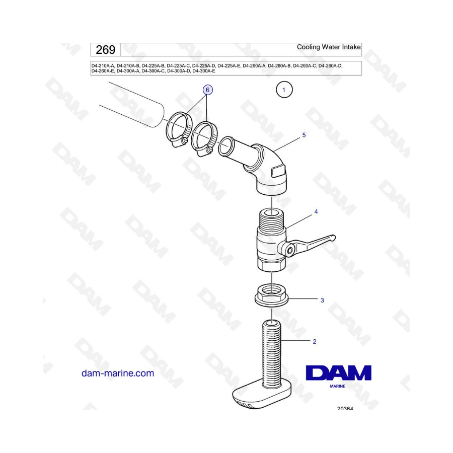Volvo Penta D4-210A / D4-225A / D4-260A / D4-300A - Cooling water intake