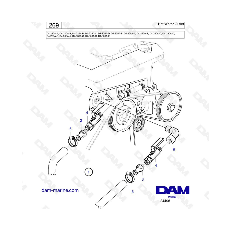 Volvo Penta D4-210A / D4-225A / D4-260A / D4-300A - Hot water outlet Volvo Penta D4-210A / D4-225A / D4-260A / D4-300A - Hot water outlet