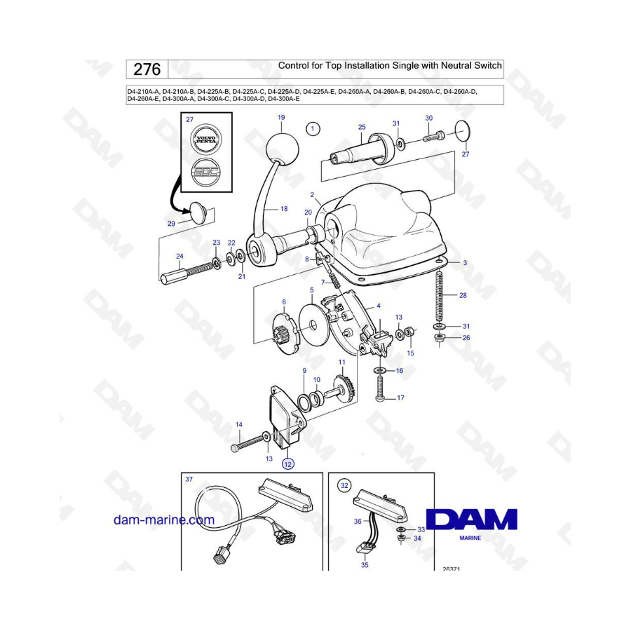 Volvo Penta D4-210A / D4-225A / D4-260A / D4-300A - Control for top installation, single with neutral switch