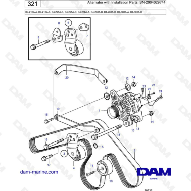 Volvo Penta D4-210A / D4-225A / D4-260A / D4-300A - Alternator with installation parts