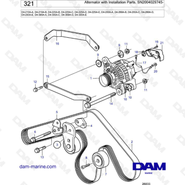 Volvo Penta D46210A / D4-225A / D4-260A / D4-300A - Alternator with installation parts