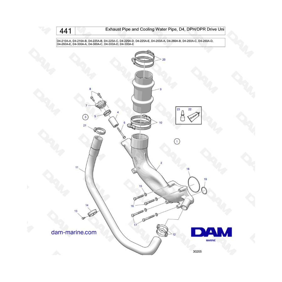 Volvo Penta D4-210A / D4-225A / D4-260A / D4-300A - Exhaust pipe & cooling water pipe