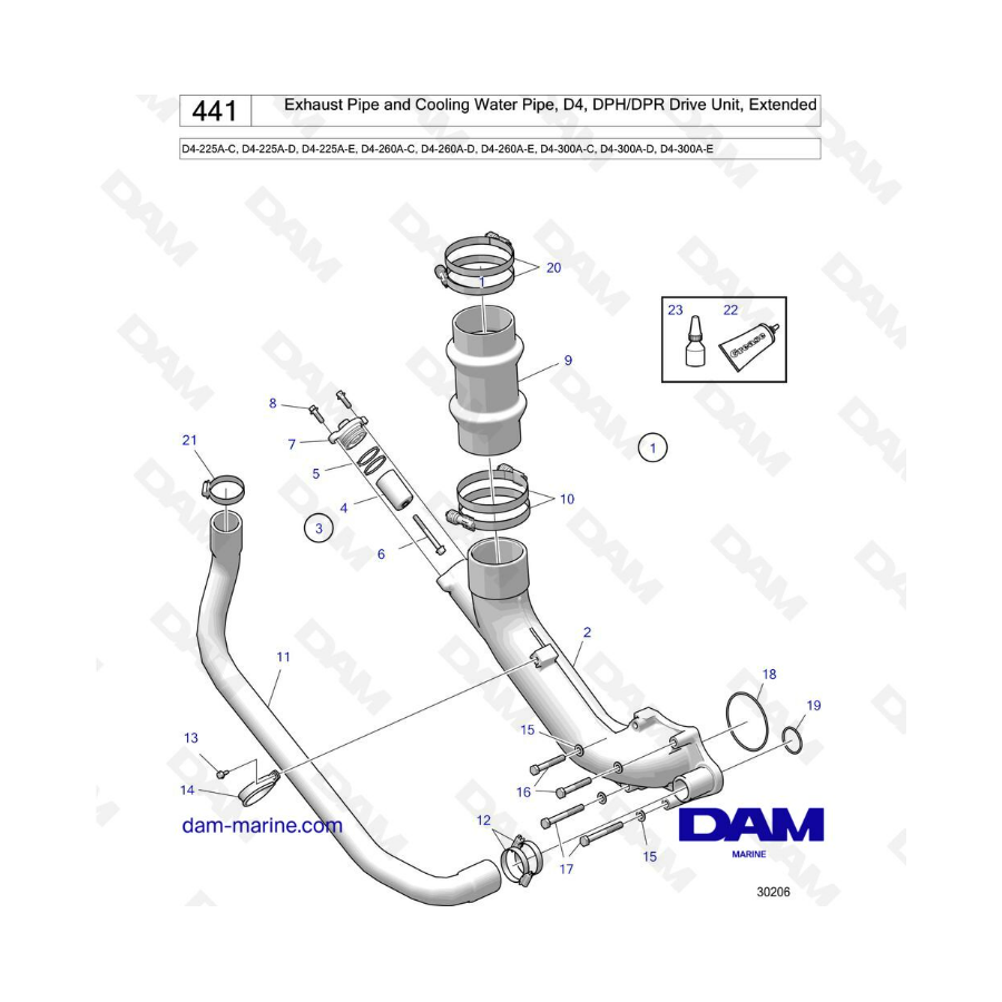 Volvo Penta D4-225A / D4-260A / D4-300A - Exhaust pipe & cooling water pipe, D4, DPH/DPR