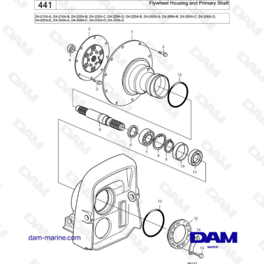 Volvo Penta D4-210A / D4-225A / D4-260A / D4-300A - Flywheel housing & primary shaft