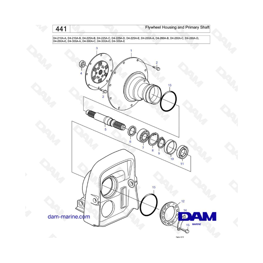 Volvo Penta D4-210A / D4-225A / D4-260A / D4-300A - Flywheel housing & primary shaft