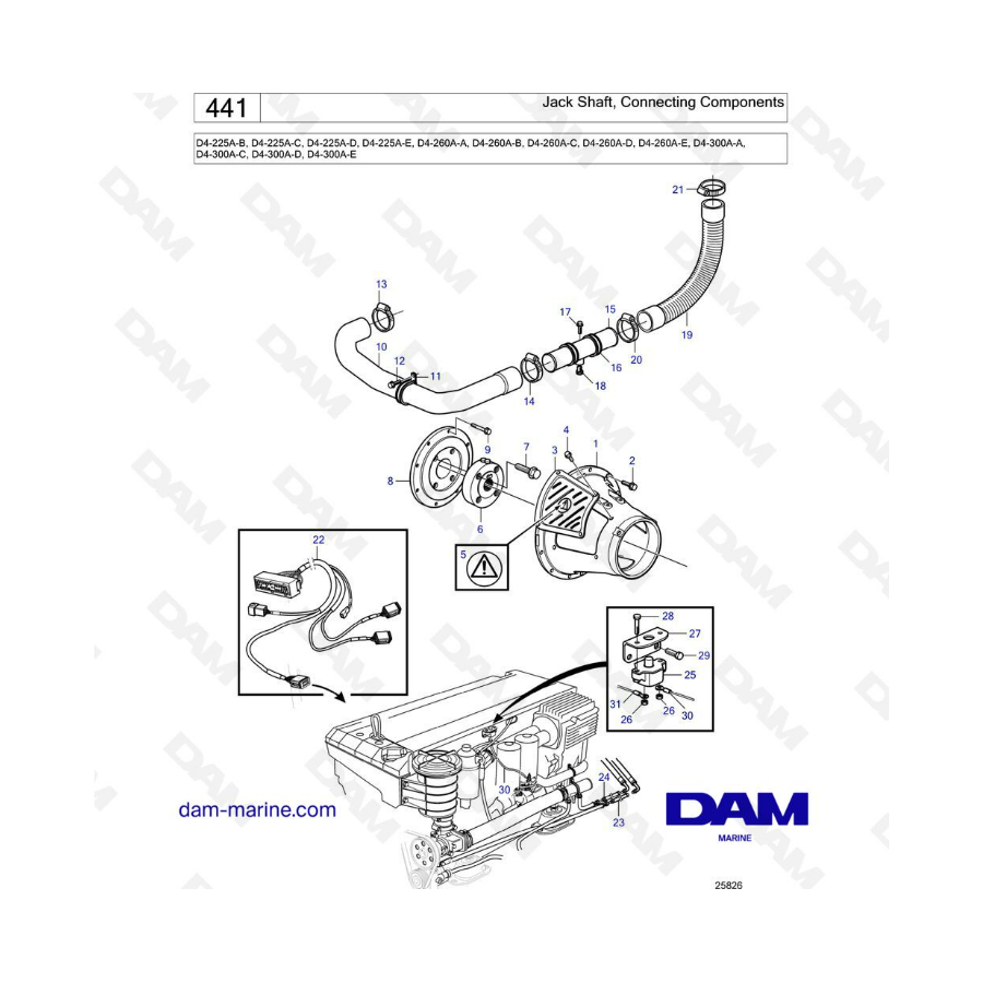 Volvo Penta D4-225A / D4-260A / D4-300A - Jack shaft, connecting components