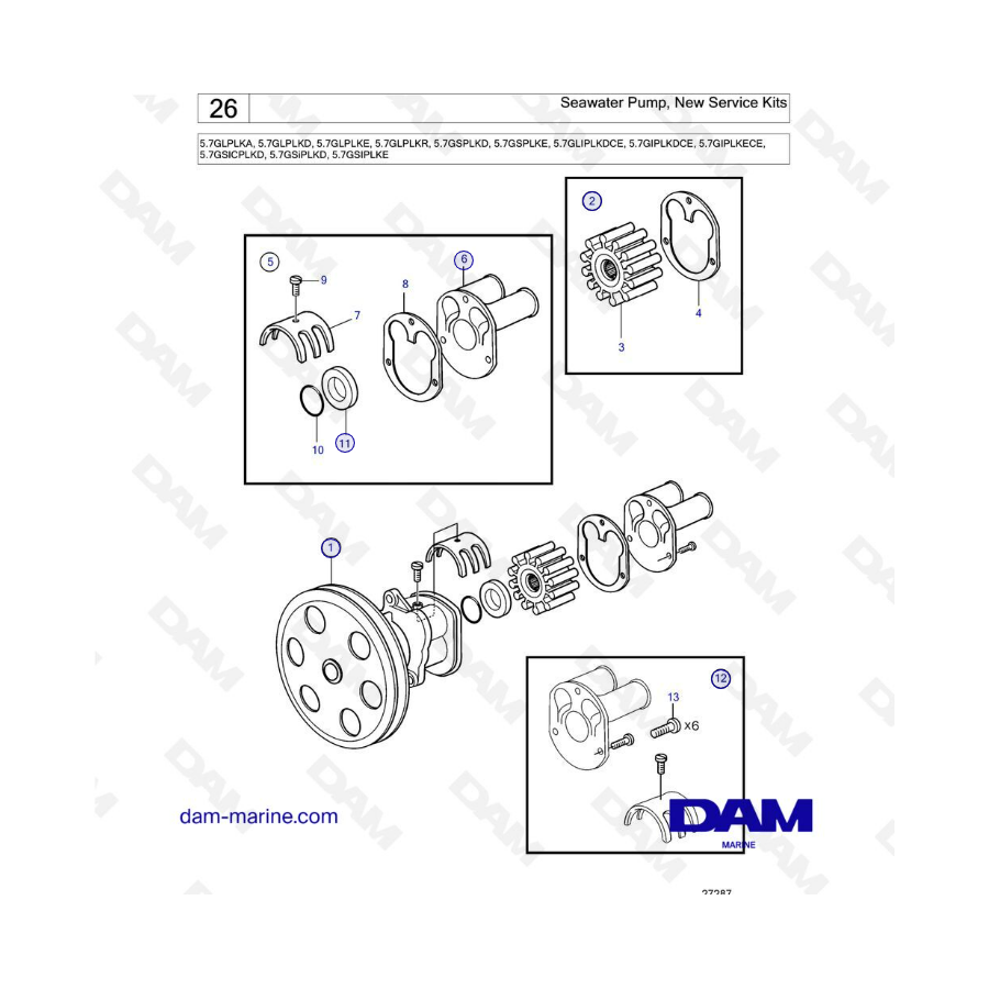 Volvo Penta 5.7L GL - Bomba de agua de mar, kits de servicio nuevos 