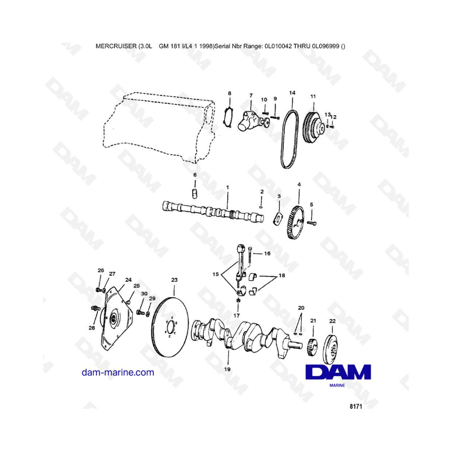 Mercruiser 3.0L after 1990 - Crankshaft, camshaft & water pump