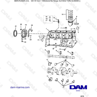 Mercruiser 3.0L après 1990 - Cylinder block, piston & bearings