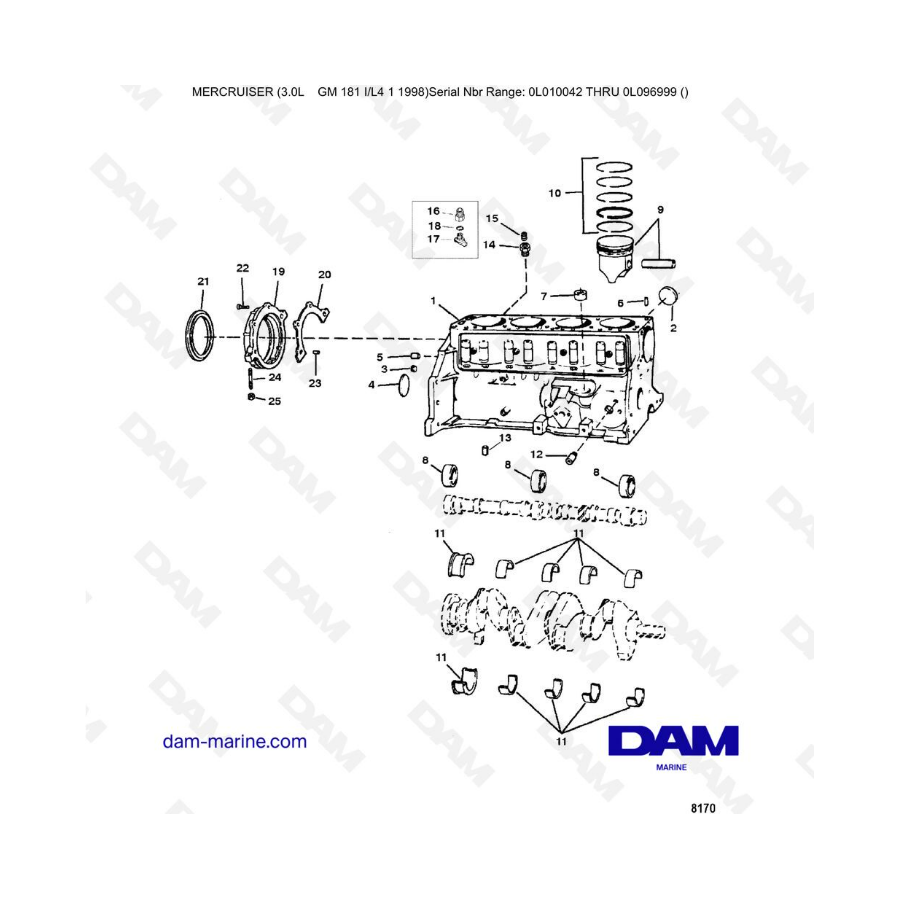 Mercruiser 3.0L après 1990 - Cylinder block, piston & bearings