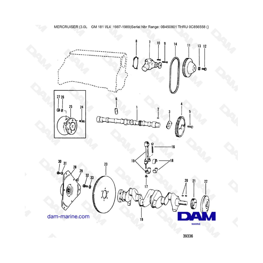 Mercruiser 3.0L avant 1990 - Crankshaft, camshaft & water pump