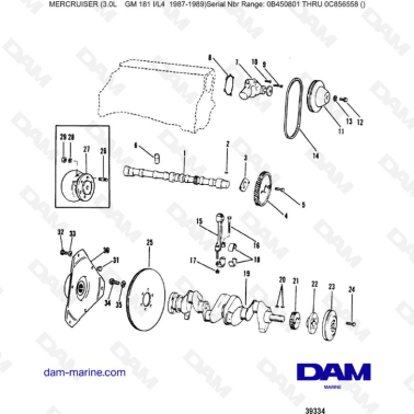 Mercruiser 3.0L avant 1990 - Crankshaft, camshaft & water pump