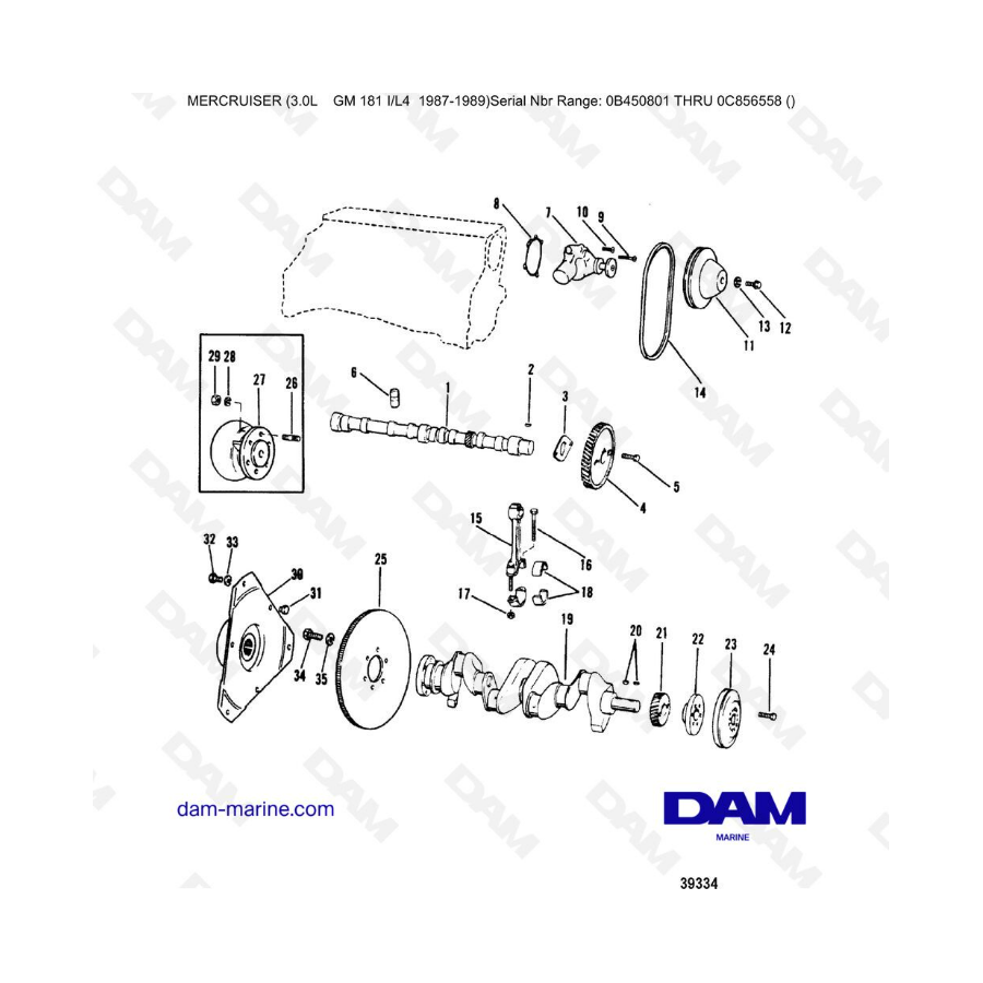 Mercruiser 3.0L avant 1990 - Crankshaft, camshaft & water pump