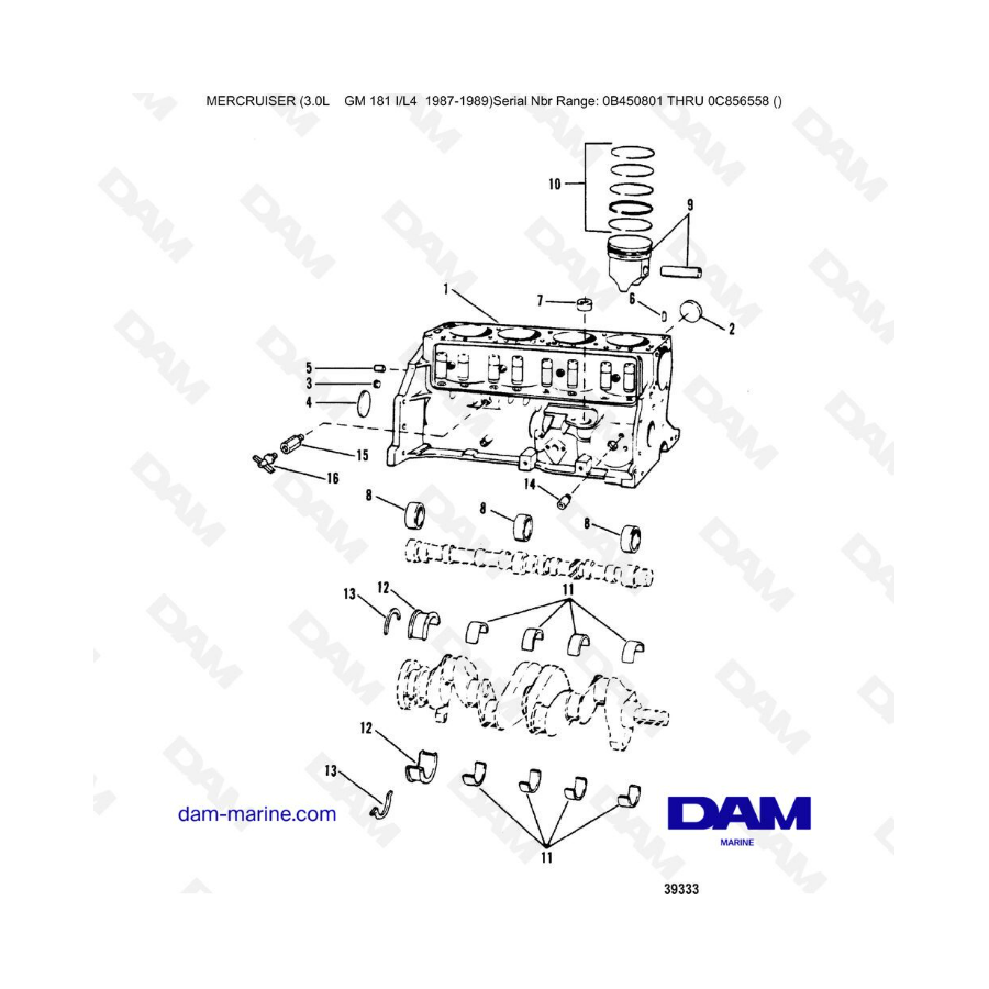 Mercruiser 3.0L avant 1990 - Cylinder block, piston & bearings