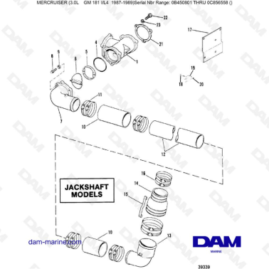 Mercruiser 3.0L avant 1990 - Driveshaft extension components, jackshaft models
