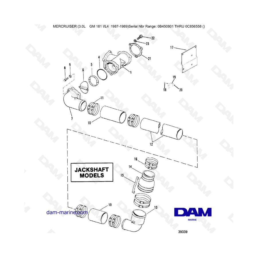 Mercruiser 3.0L avant 1990 - Driveshaft extension components, jackshaft models