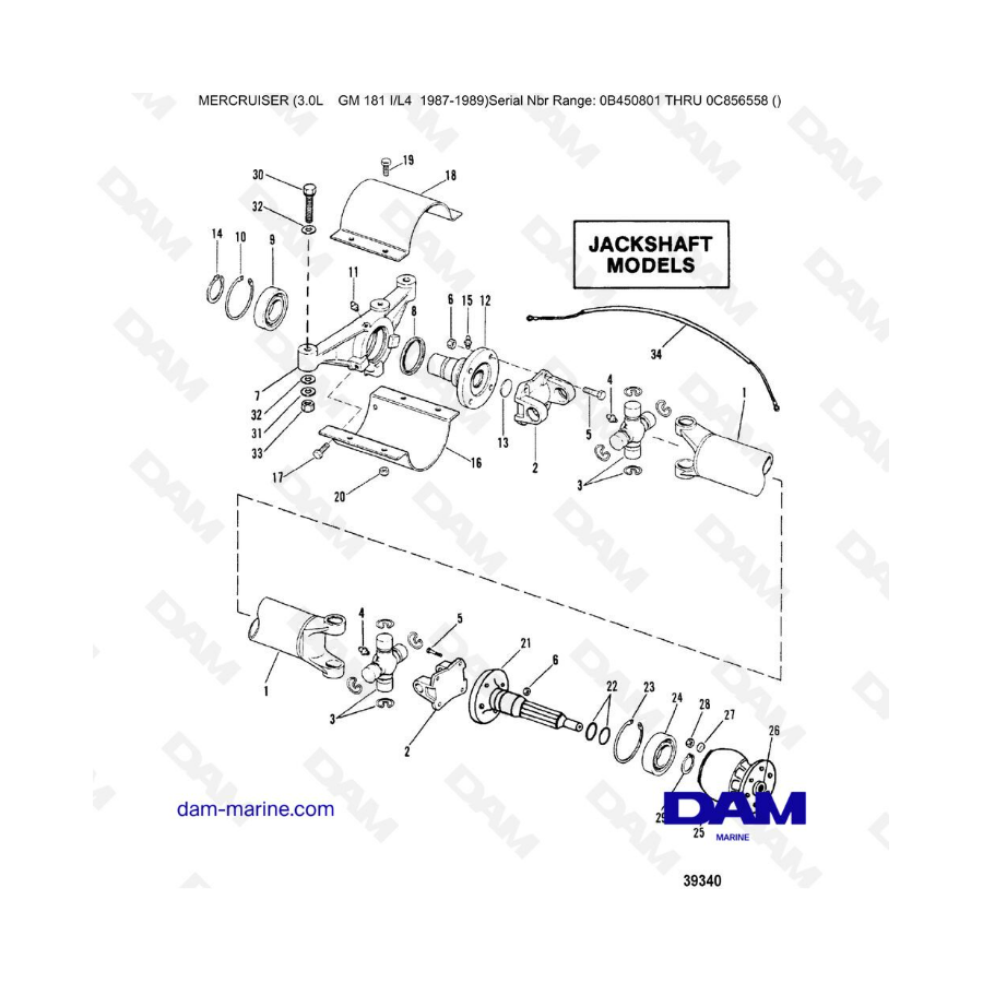 Mercruiser 3.0L avant 1990 - Driveshaft extension components, Jackshaft models
