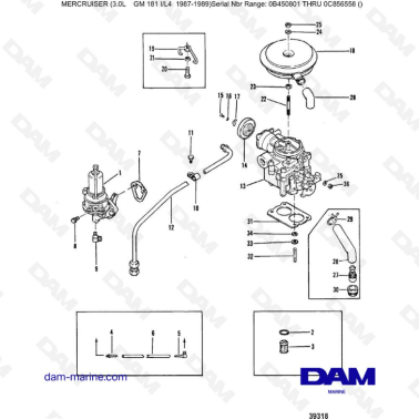 Mercruiser 3.0L avant 1990 - Fuel pump & carburetor (old design)