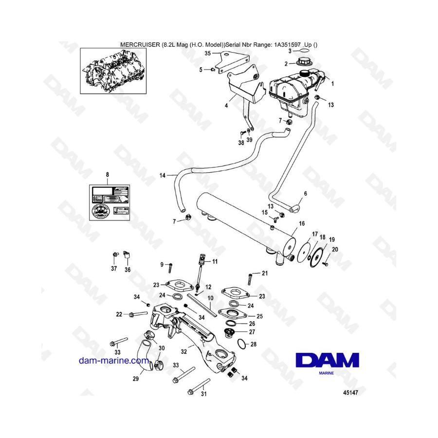 Mercruiser 502 MAG MPI HO - Cooling system, fresh water components (SN 2A041664 & -)