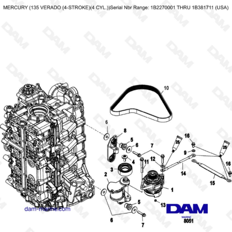 Mercury Verado 135 (N.S IB227001 à IB381711) - Alternator / Belt tensioner mounting