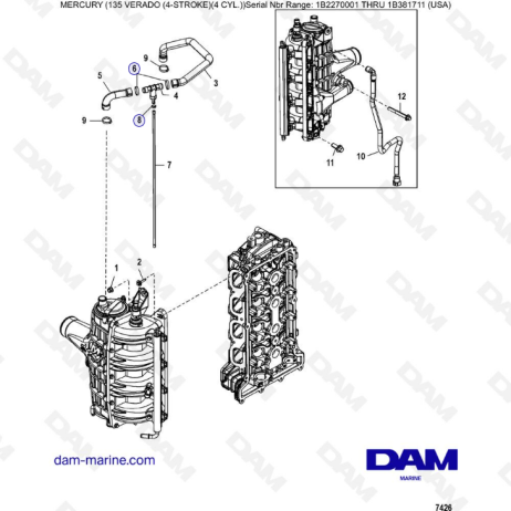 Mercury Verado 135 (N.S IB227001 à IB381711) - Charge cooler / Intake manifold hose routings