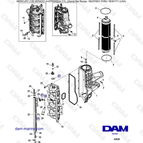 Mercury Verado 135 (N.S IB227001 à IB381711) - Charge cooler / Intake manifold