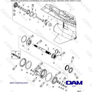 Mercury Verado 135 (SN 1B2270001 à IB381711) - Gear housing, propeller shaft - standard rotation