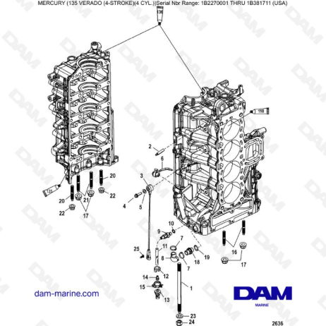 Mercury Verado 135 (SN 1B2270001 a IB381711) - Componentes del bloque de cilindros de puerto