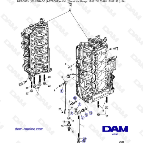 Mercury Verado 135 (SN 1B381712 to 1B517158) - Port cylinder block components