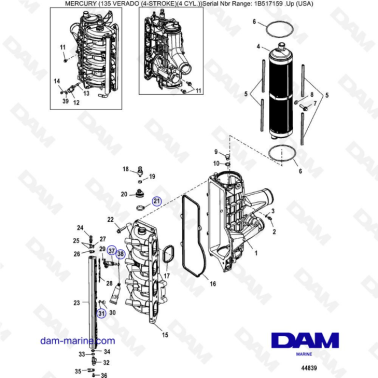 Mercury Verado 135 (SN 1B517159 & plus) - Charge cooler / Intake manifold (GEN 1)
