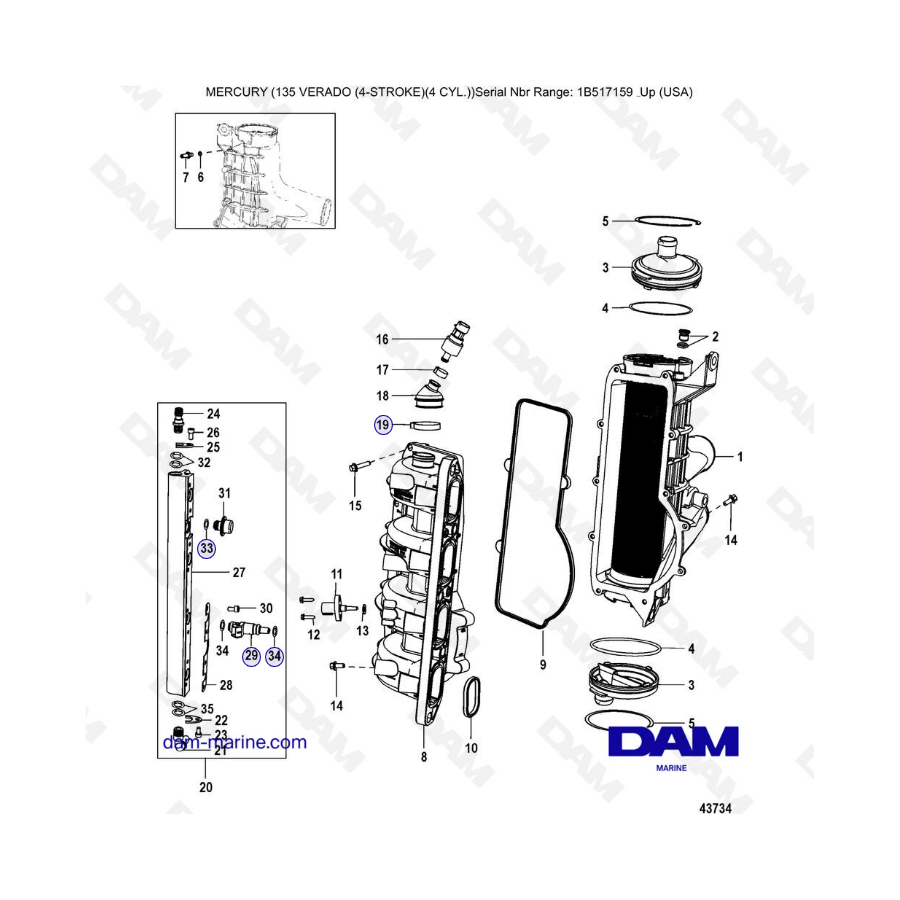 Mercury Verado 135 (SN 1B517159 & plus) - Charge cooler / Intake manifold (Gen 2)