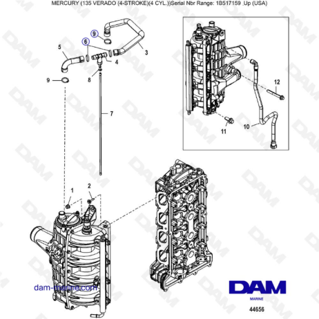 Mercury Verado 135 (SN 1B517159 & up) - Charge cooler/Intake manifold hose routings