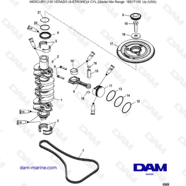 Mercury Verado 135 (SN 1B517159 & plus) - Crankshaft, pistons & connecting rods