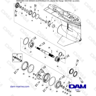 Mercury Verado 135 (SN 1B517159 & plus) - Gear housing, propeller shaft-std rotation 2B026817 & +